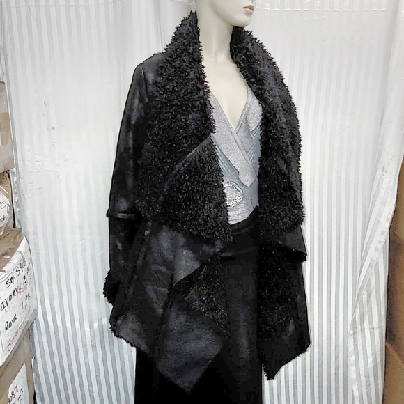Black Faux Fur Wool and Leather Winter Coat - Picture 2 of 2